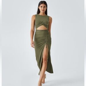 HALARA Cut Out Ruched Drawstring Split Hem Bodycon Maxi Dress Small Olive NWT